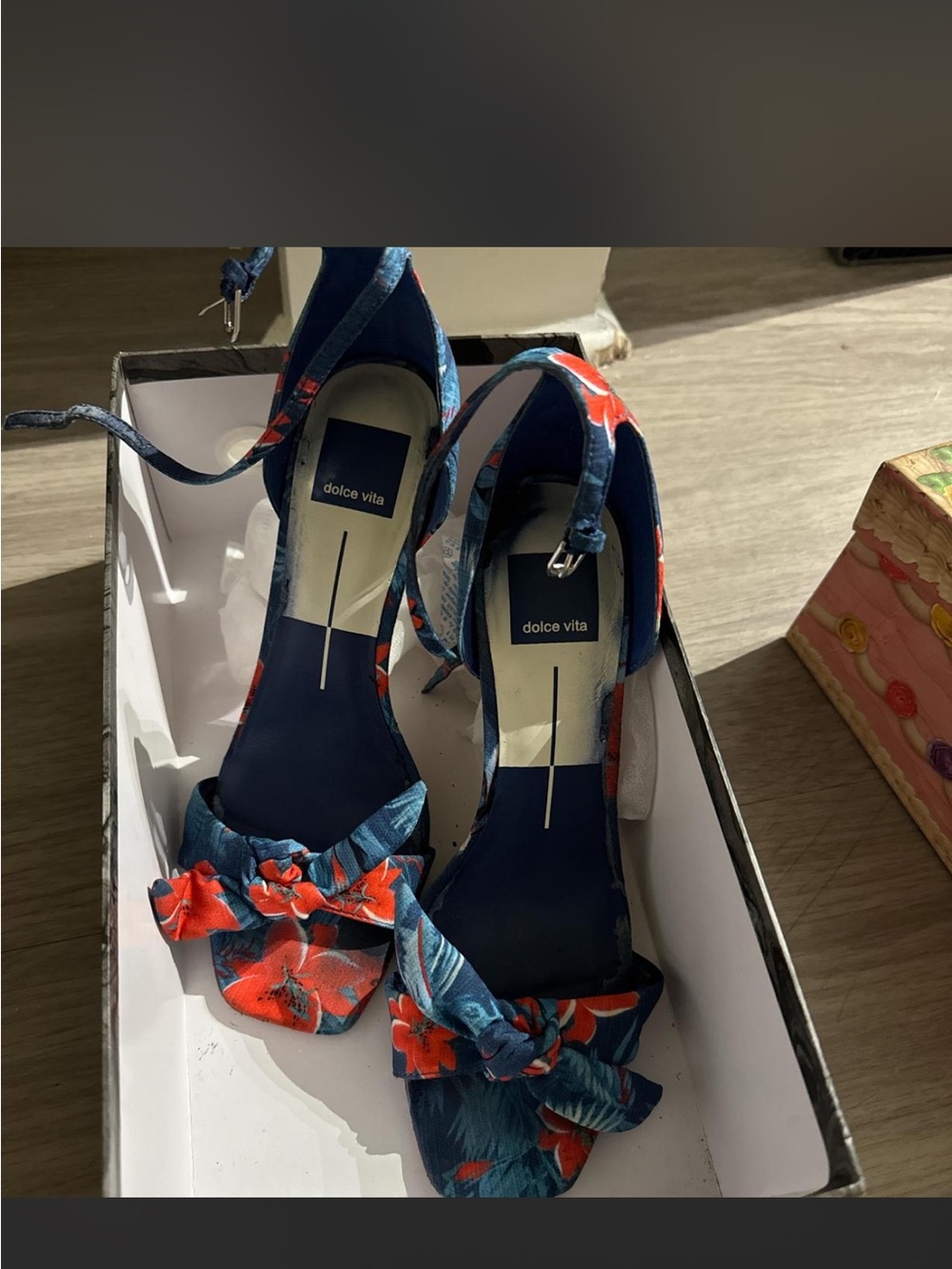 Dolce Vita Navy Floral Knot-Front Ankle-Strap Heels